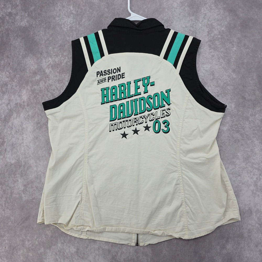Harley-Davidson Womens 2W Sleeveless Zip Up Shirt Cream Black Teal Passion Pride